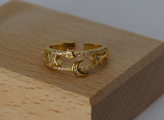Gold Star and Moon Double Ring