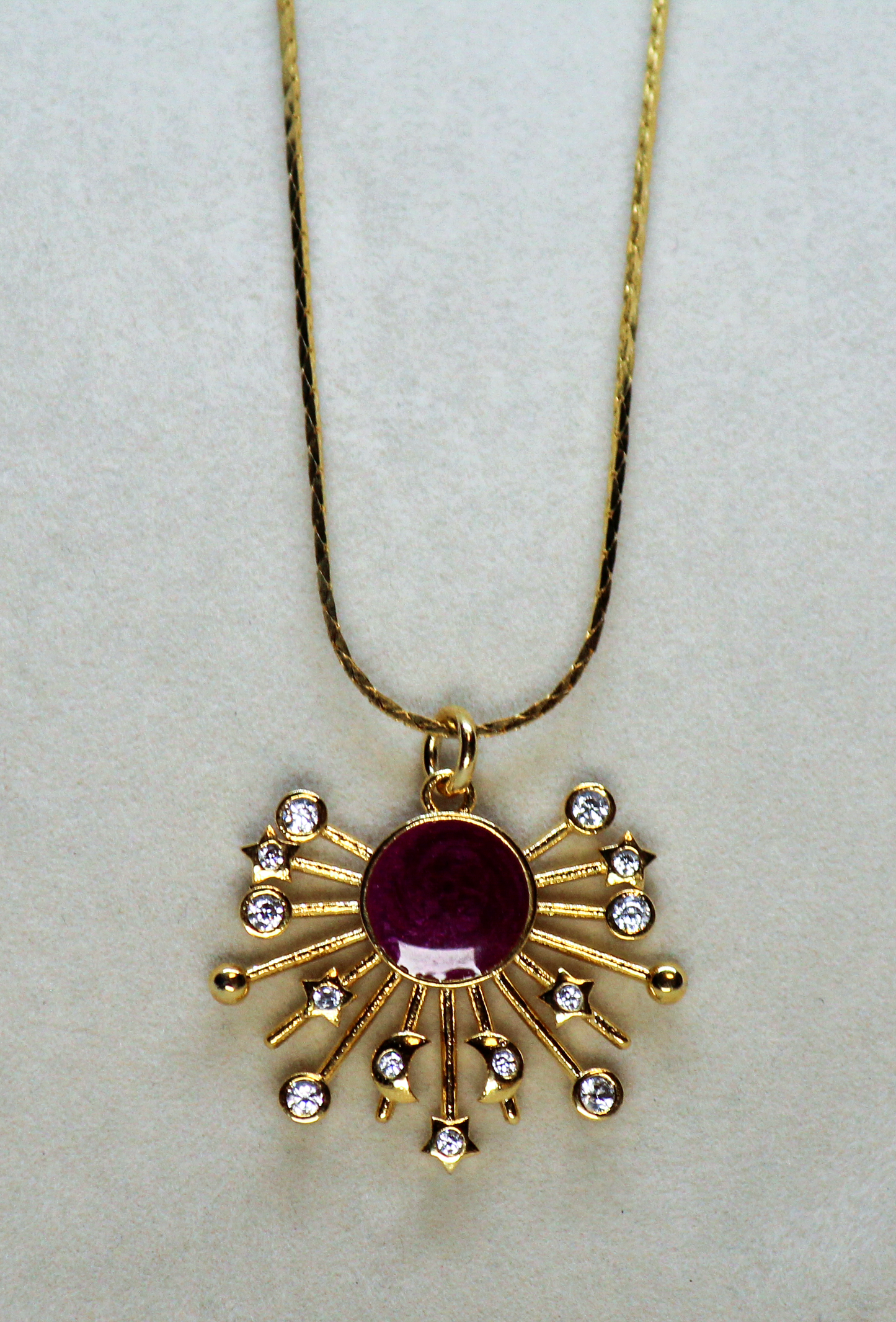 Gold CZ Enamel Burgundy Sunburst