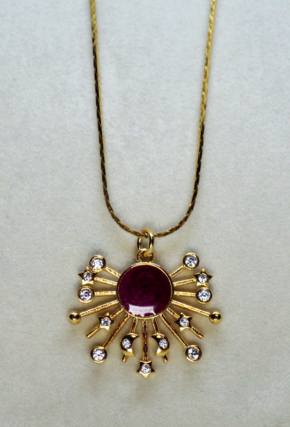Gold CZ Enamel Burgundy Sunburst