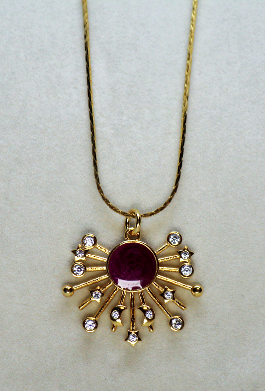 Gold CZ Enamel Burgundy Sunburst