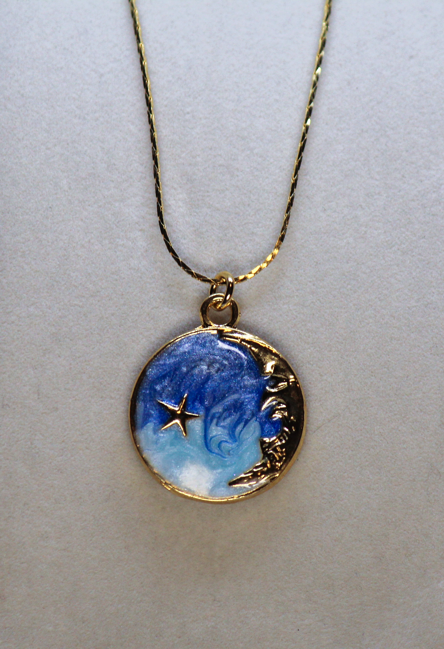 Gold Enamel CZ Blue Crescent