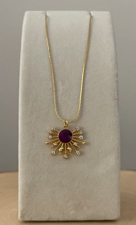Gold CZ Enamel Burgundy Sunburst